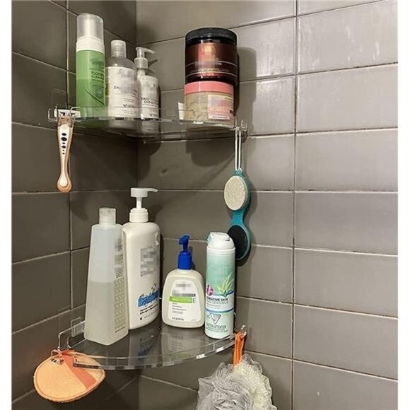 Acrylic Corner Shower Caddy Shelf with Hooks 2 Pack, Adhesive Wall Mounted